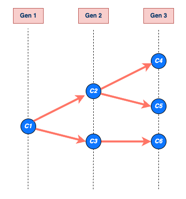 The figure shows an example of a transmission chain starting with a single case C1. The complete chain is depicted as blue circles linked by orange directed arrows showing the cases produced in each generation. Each generation is marked by a brown rectangle and labelled Gen 1, Gen 2, and Gen 3. The chain grows through generations Gen 1, Gen 2, and Gen 3. Case C1 starts in Gen 1 and produces cases C2, and C3 in Gen 2. In Gen 3, C2 produces C4 and C5, and C3 produces C6. The chain ends in Gen 3. The chain size of C1 is 6, which includes C1 (that is the sum of all the blue circles, representing cases) and the length is 3, which includes Gen 1 (maximum number of generations reached by C1's chain).