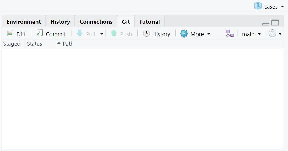 The Git tab in the Environments pane shows the status of your repository.