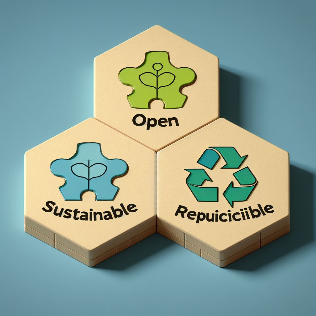 A puzzle of three hexagon pieces, only showing the pieces, each with one of these words: OPEN, SUSTAINABLE, REPRODUCIBLE