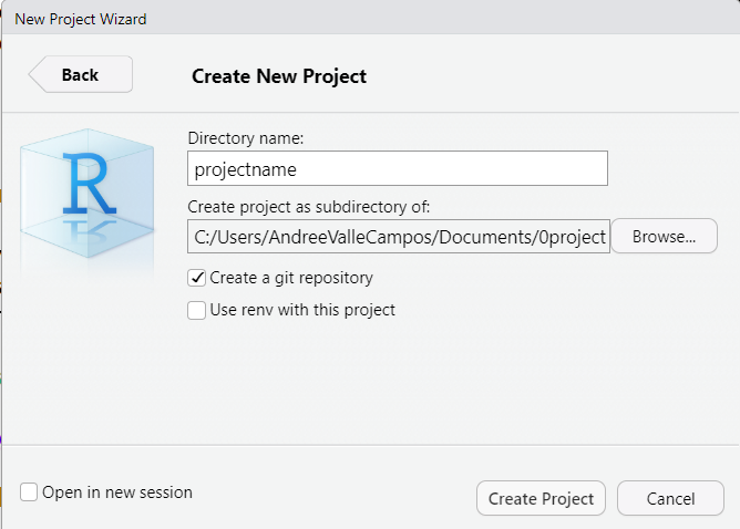 New Project Wizard panel with Directory name and the Create a git repository box checked