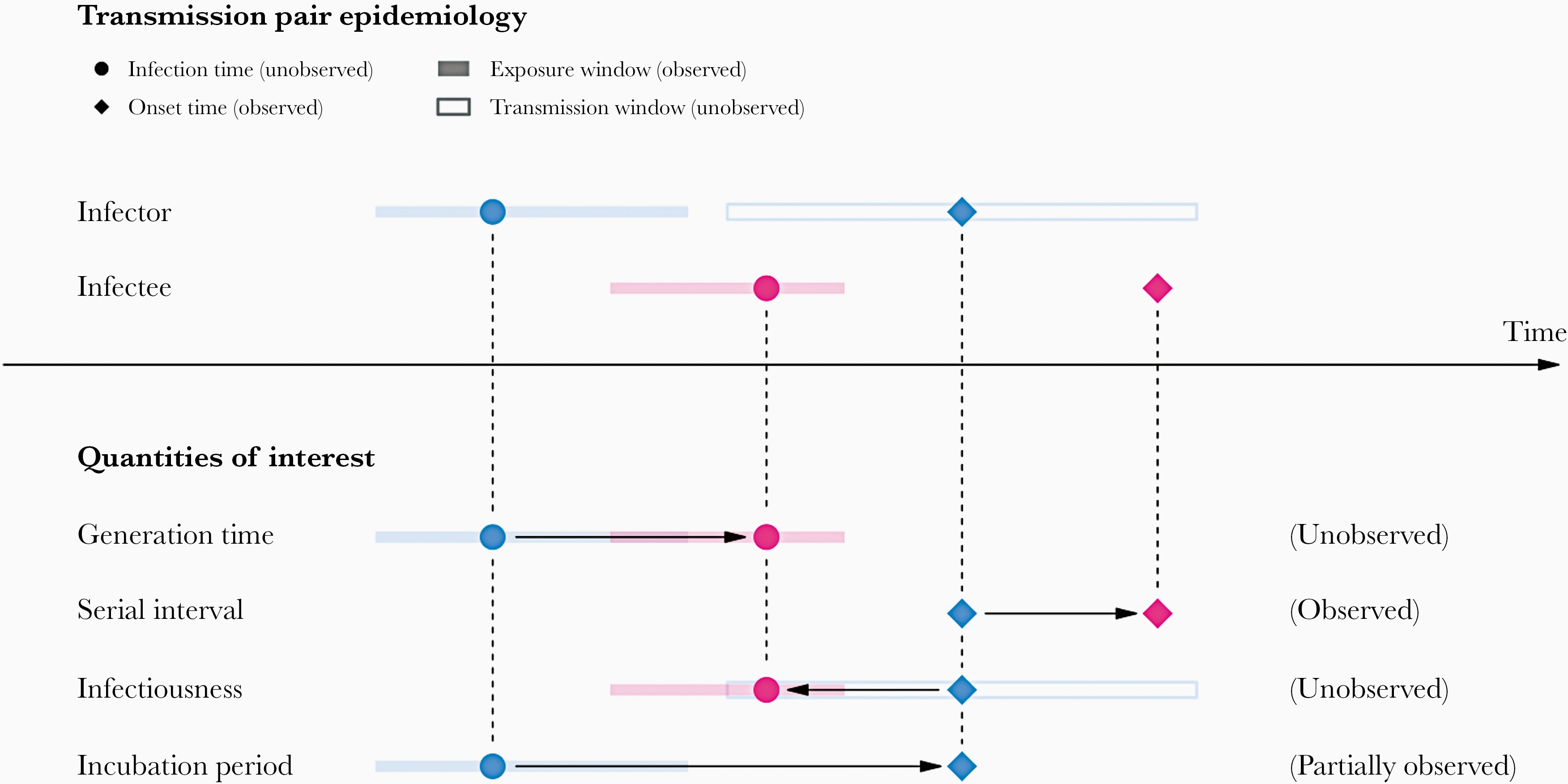 A schematic of the relationship of different time periods of transmission between an infector and an infectee in a transmission pair. Exposure window is defined as the time interval having viral exposure, and transmission window is defined as the time interval for onward transmission with respect to the infection time (Chung Lau et al., 2021).